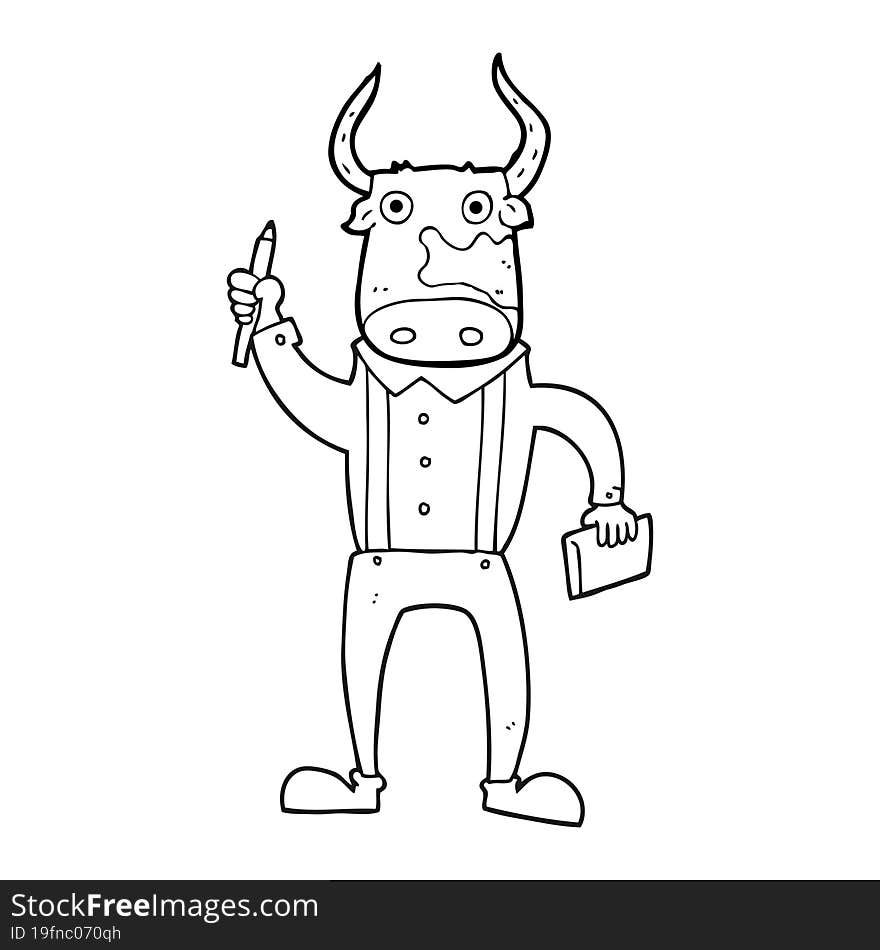 freehand drawn black and white cartoon bull man