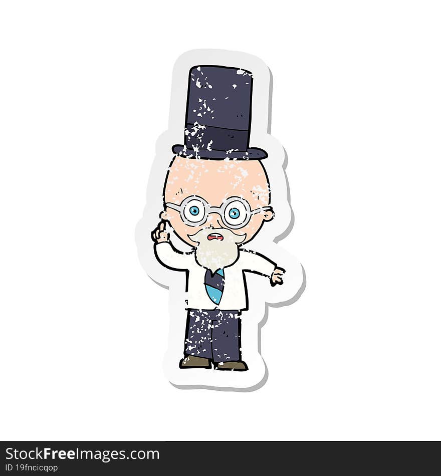 retro distressed sticker of a cartoon man wearing top hat