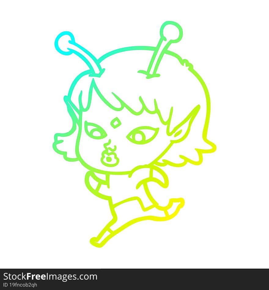 cold gradient line drawing pretty cartoon alien girl running