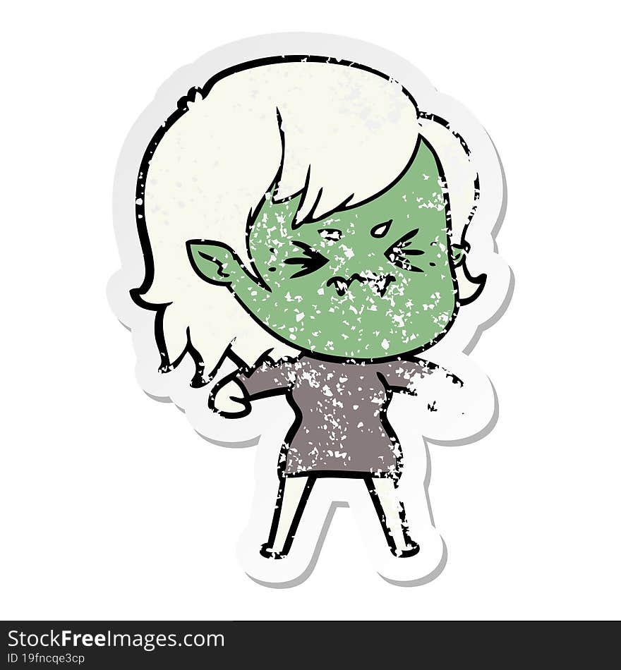 distressed sticker of a annoyed cartoon vampire girl