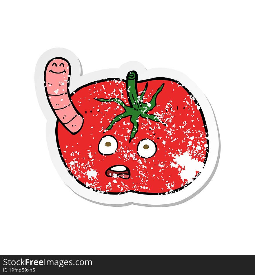 retro distressed sticker of a cartoon tomato with worm