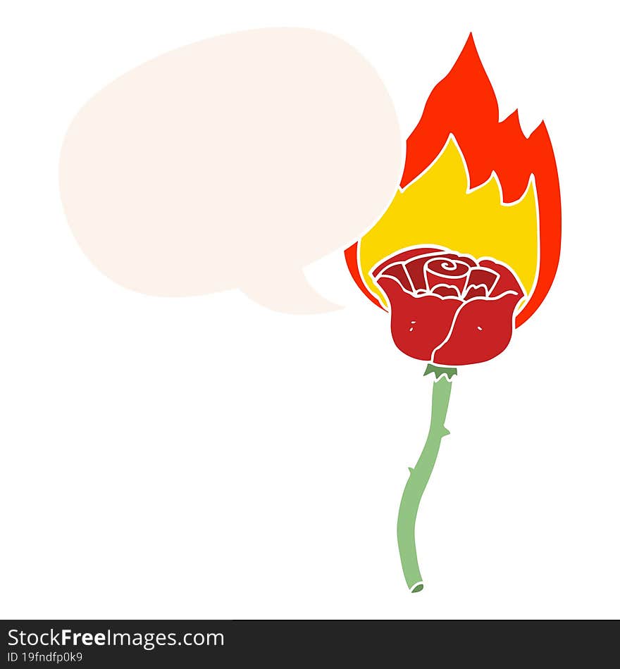 cartoon flaming rose and speech bubble in retro style