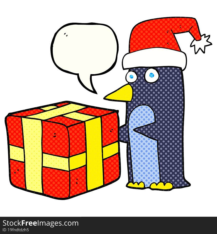 comic book speech bubble cartoon christmas penguin with present