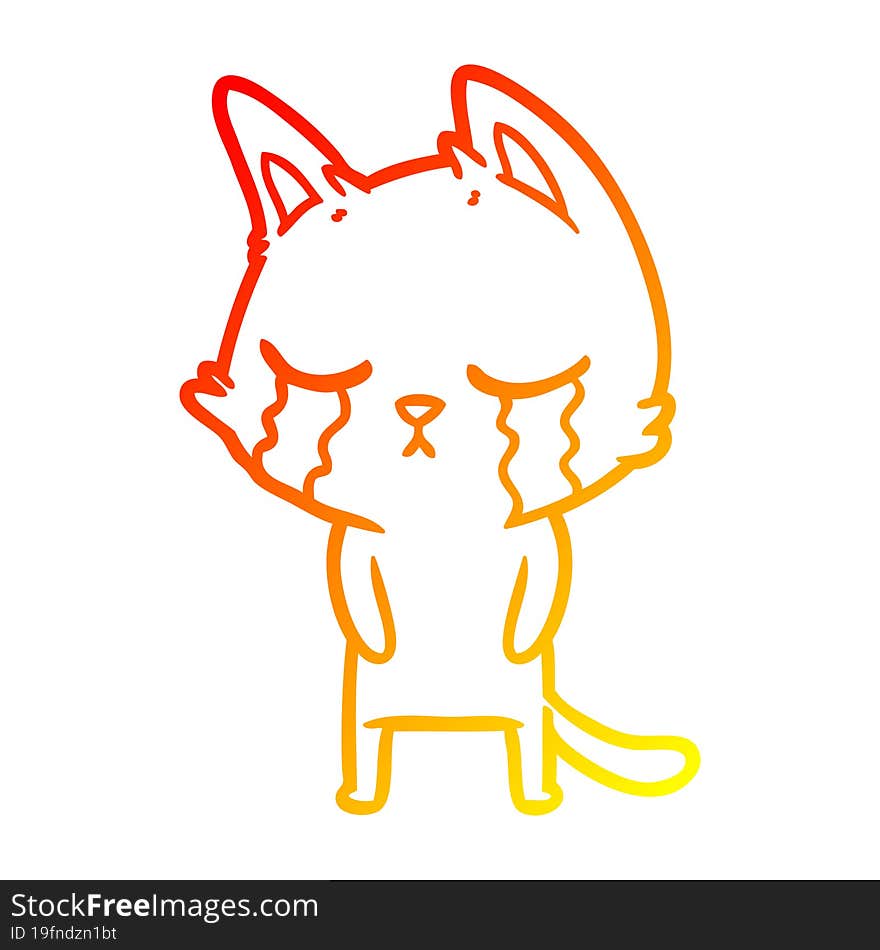 warm gradient line drawing of a crying cartoon cat