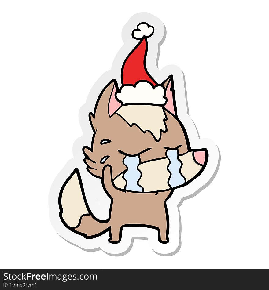 sticker cartoon of a crying wolf wearing santa hat