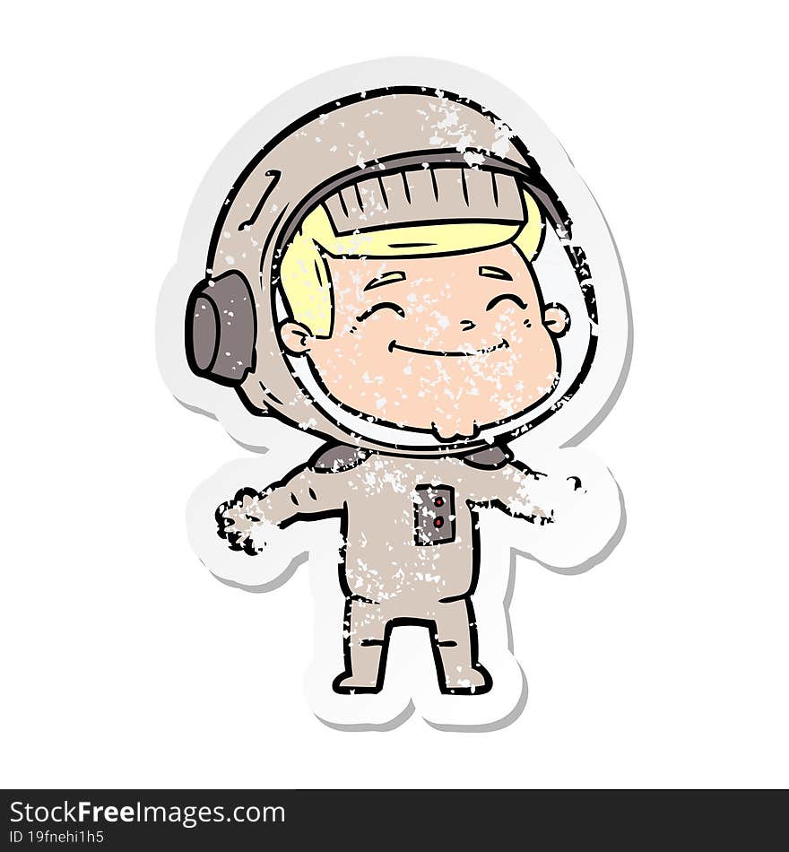 distressed sticker of a happy cartoon astronaut