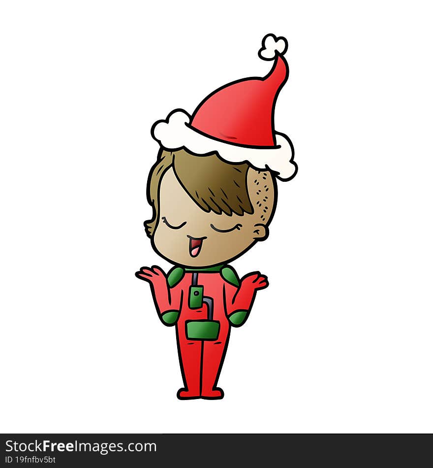 happy gradient cartoon of a girl in space suit wearing santa hat