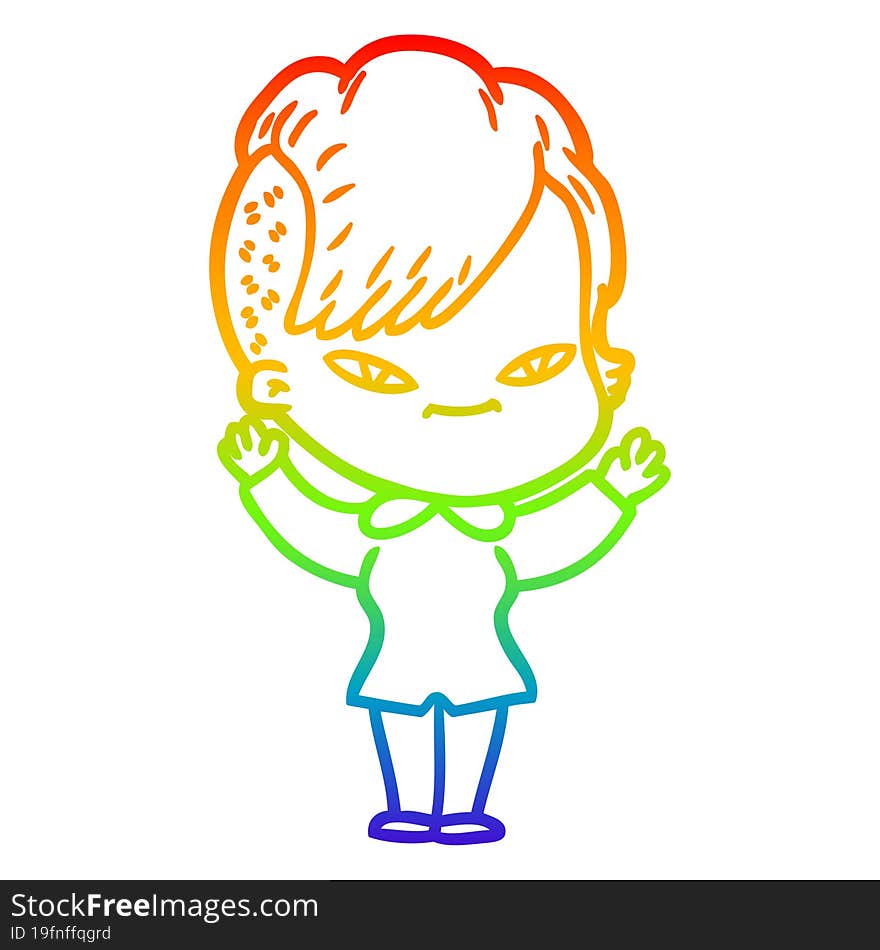 rainbow gradient line drawing of a cute cartoon girl with hipster haircut