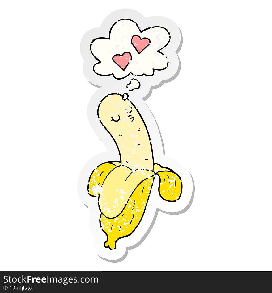 cartoon banana in love with thought bubble as a distressed worn sticker