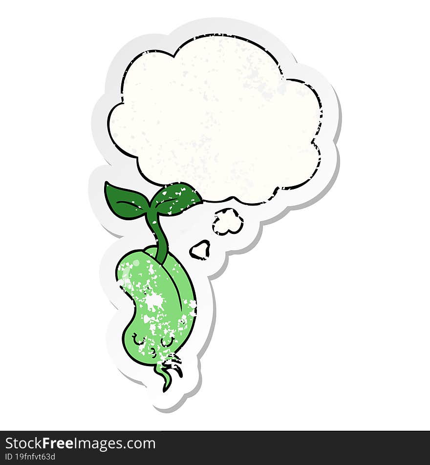 cartoon sprouting bean and thought bubble as a distressed worn sticker