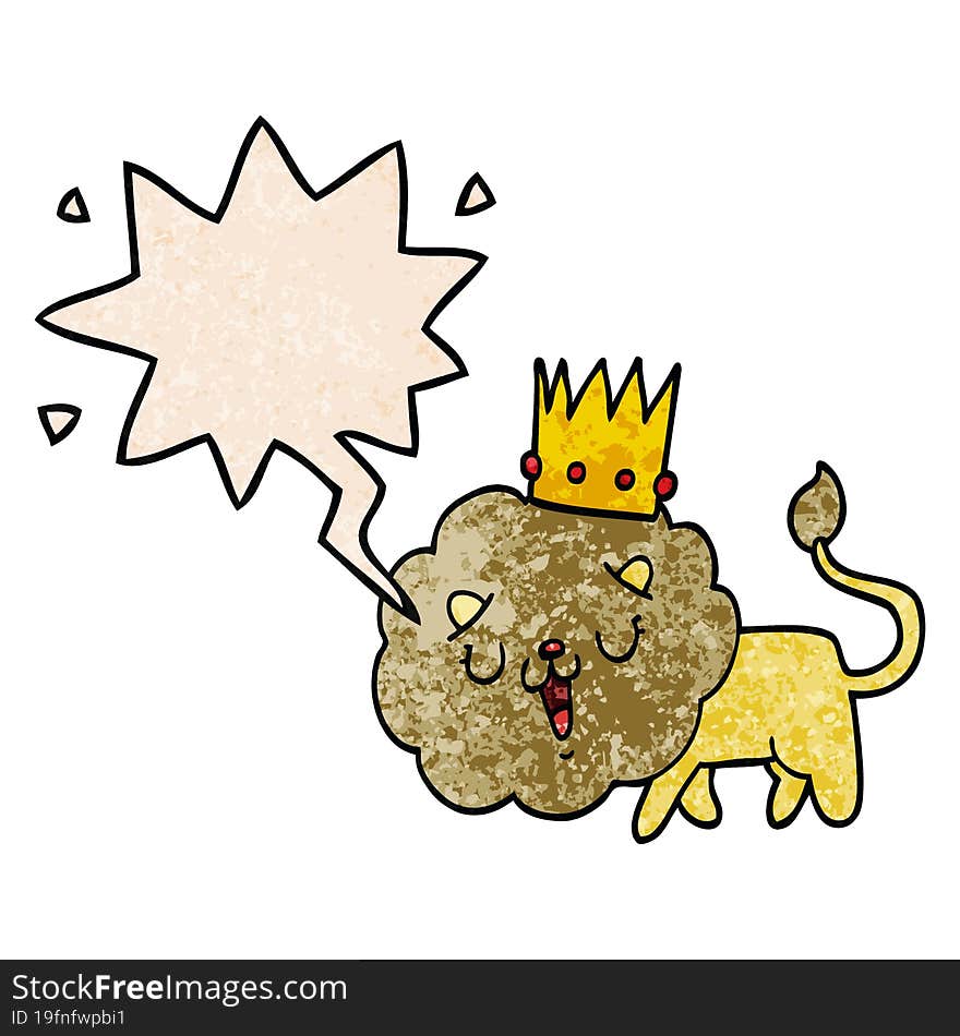 cartoon lion and crown and speech bubble in retro texture style