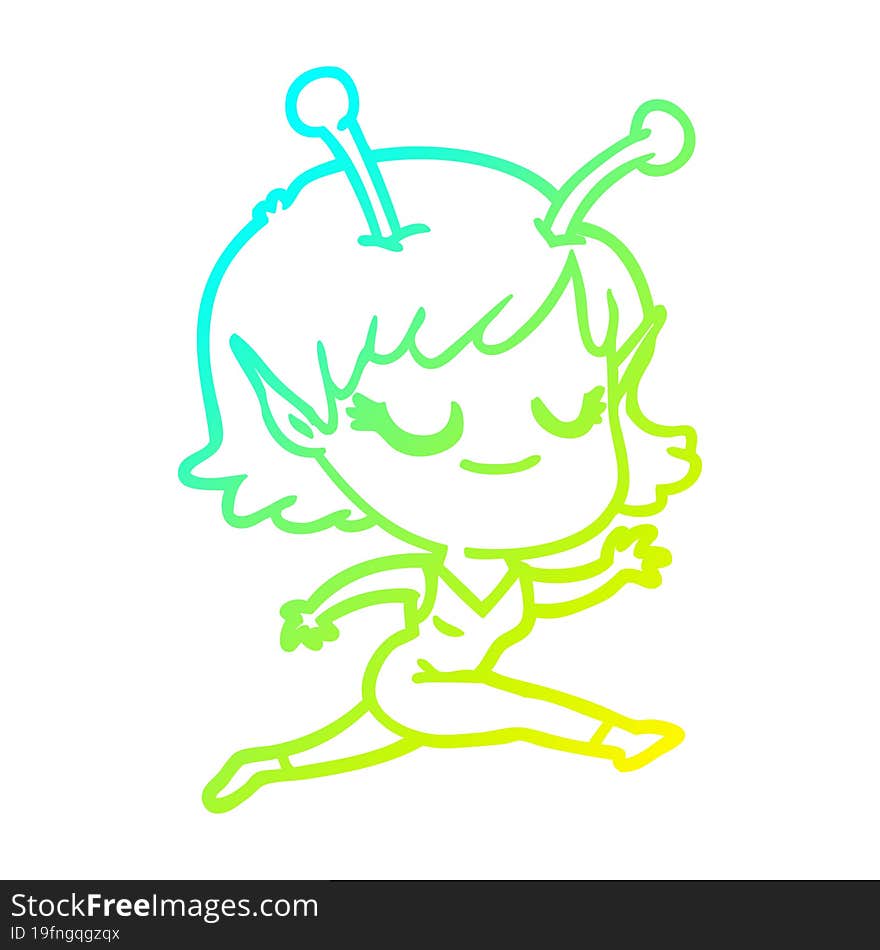 Cold Gradient Line Drawing Smiling Alien Girl Cartoon Running