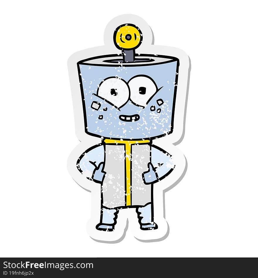 Distressed Sticker Of A Happy Cartoon Robot