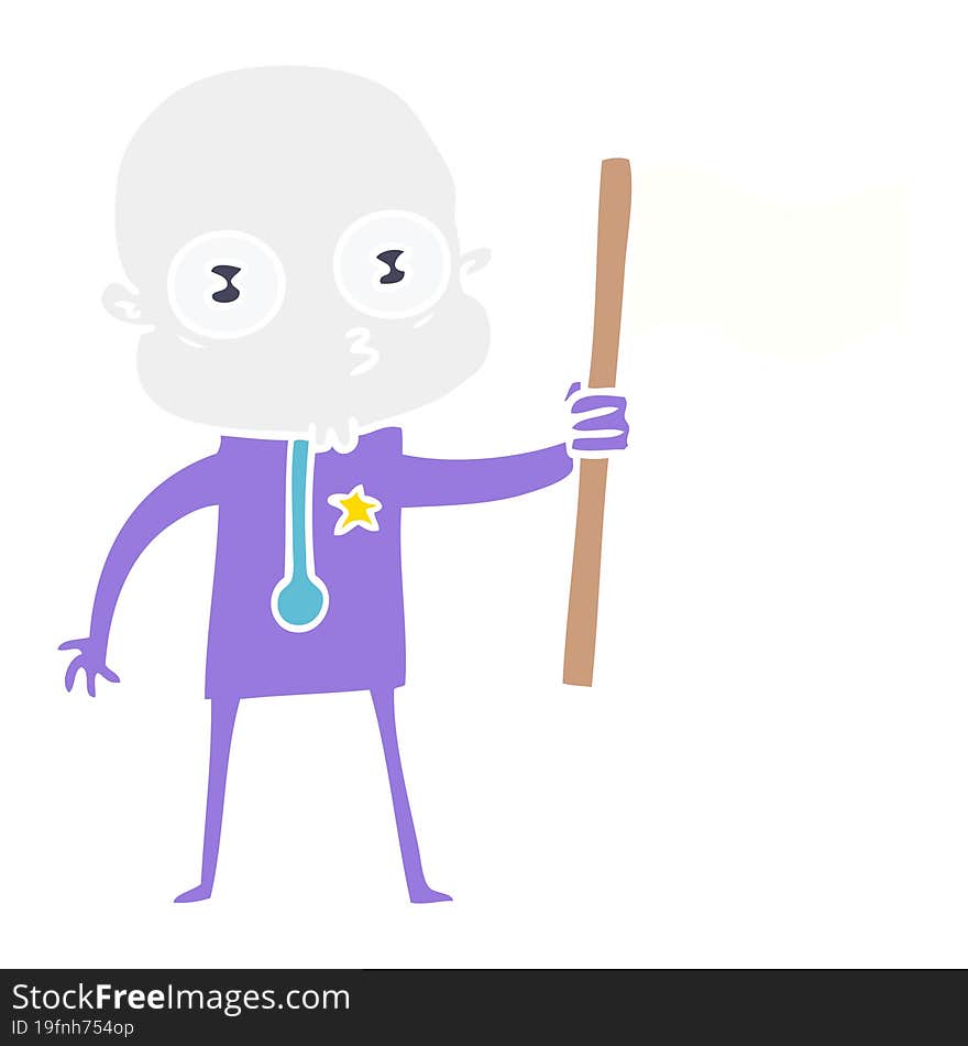 Flat Color Style Cartoon Weird Bald Spaceman With Flag