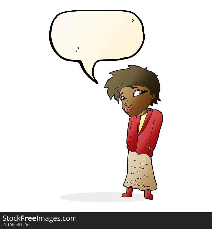 cartoon woman with hands in pockets with speech bubble