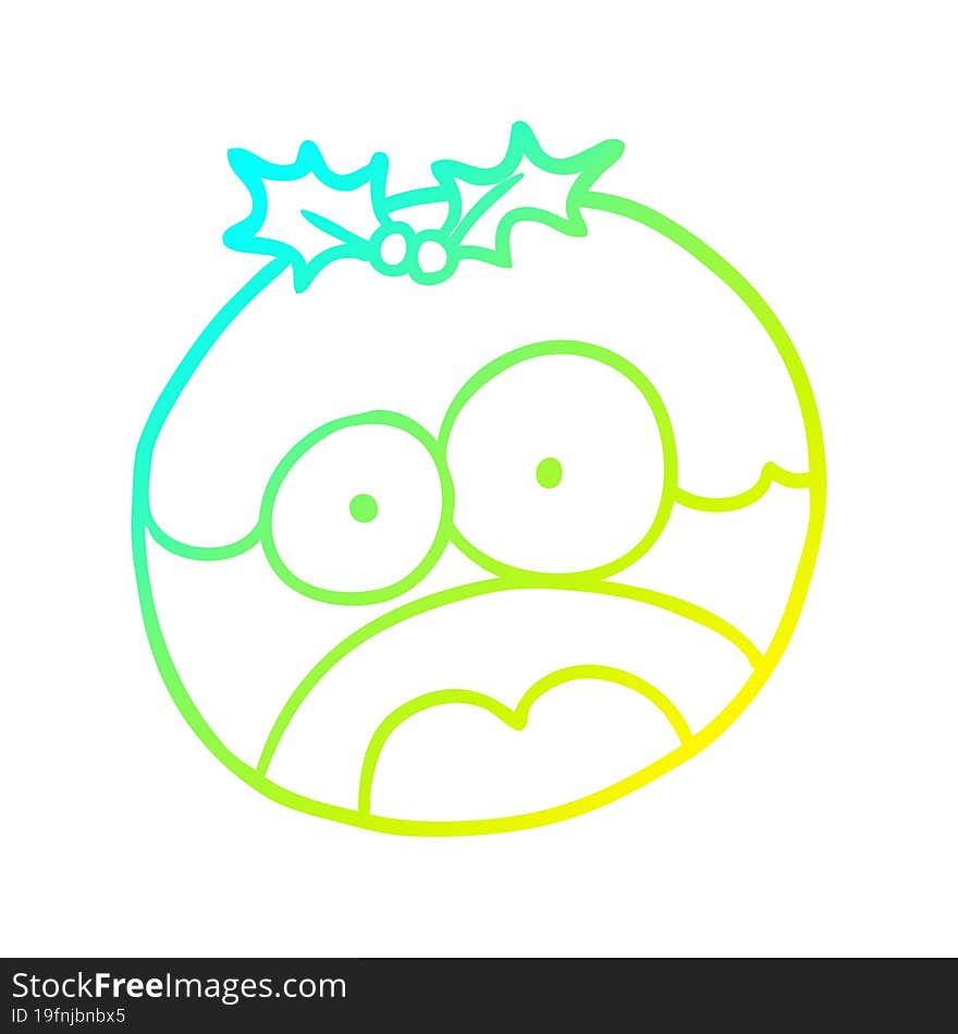 cold gradient line drawing of a christmas pudding with shocked face