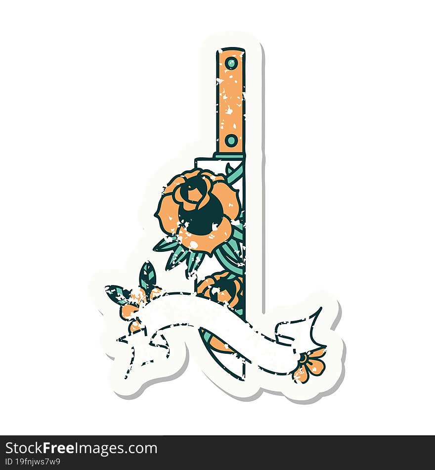 grunge sticker with banner of a dagger and flowers