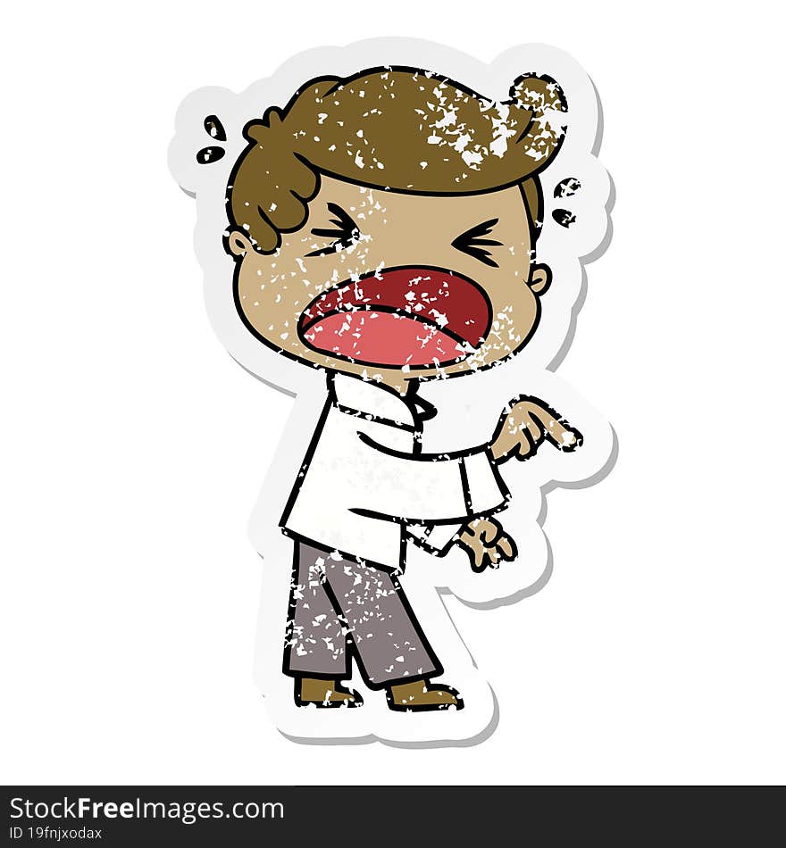 distressed sticker of a cartoon shouting man pointing finger