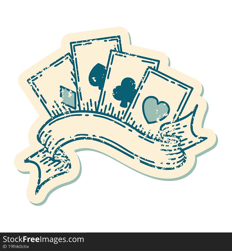 Distressed Sticker Tattoo Style Icon Of Cards And Banner