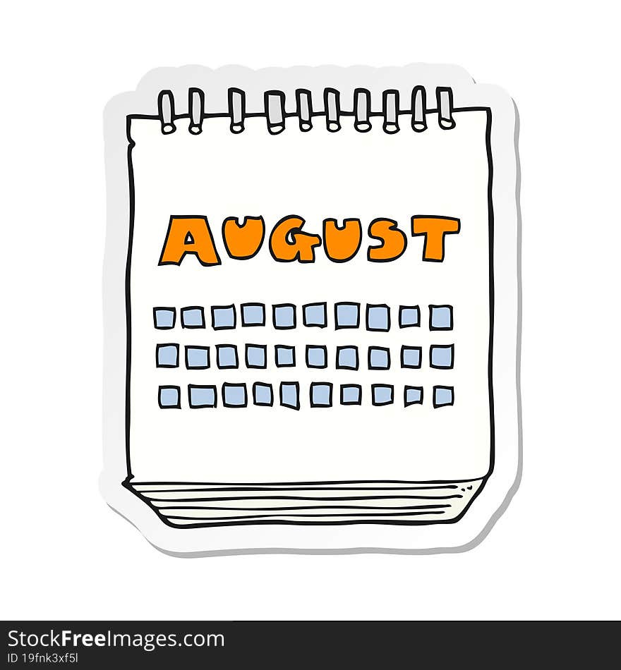 sticker of a cartoon calendar showing month of august