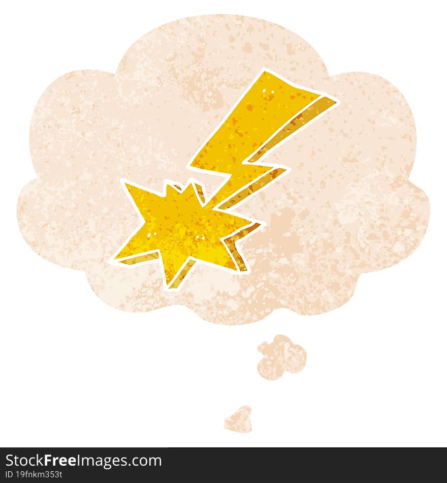 Cartoon Lightning Bolt And Thought Bubble In Retro Textured Style