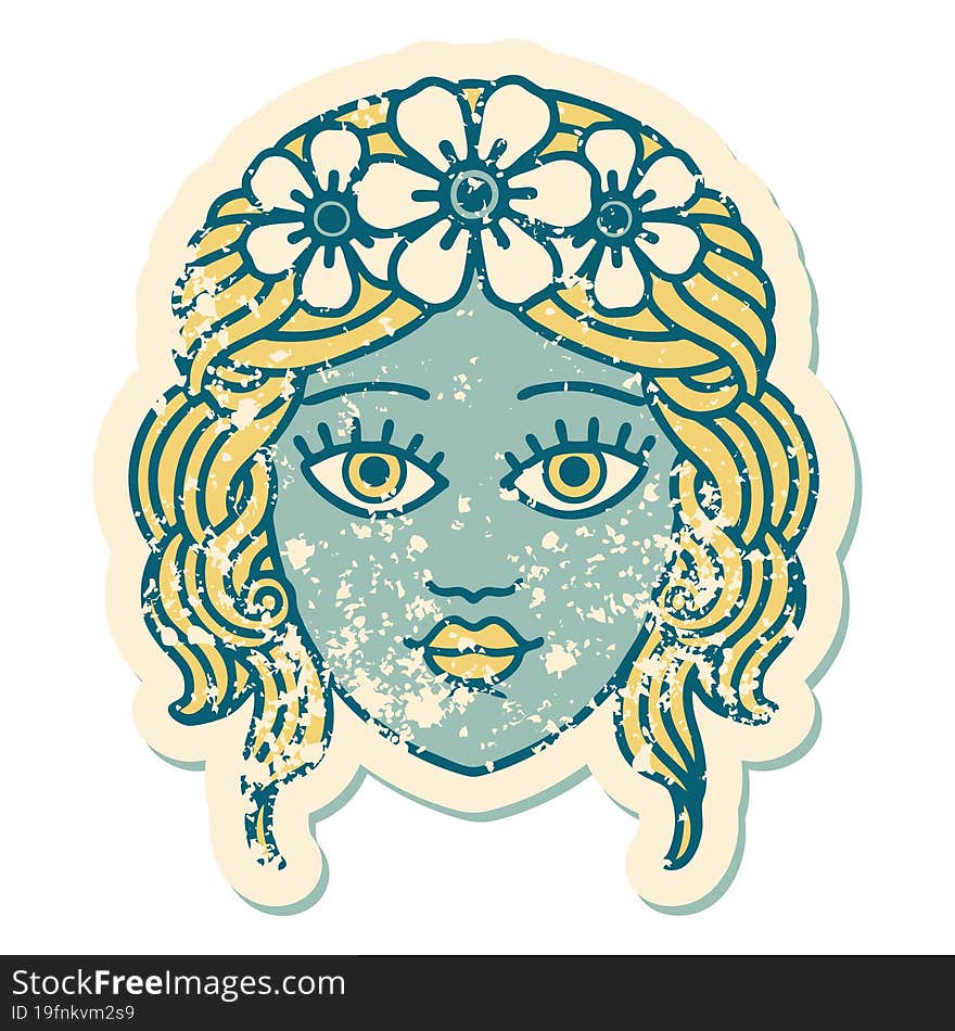 distressed sticker tattoo style icon of female face with crown of flowers