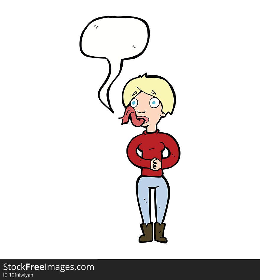 cartoon woman with snake tongue with speech bubble