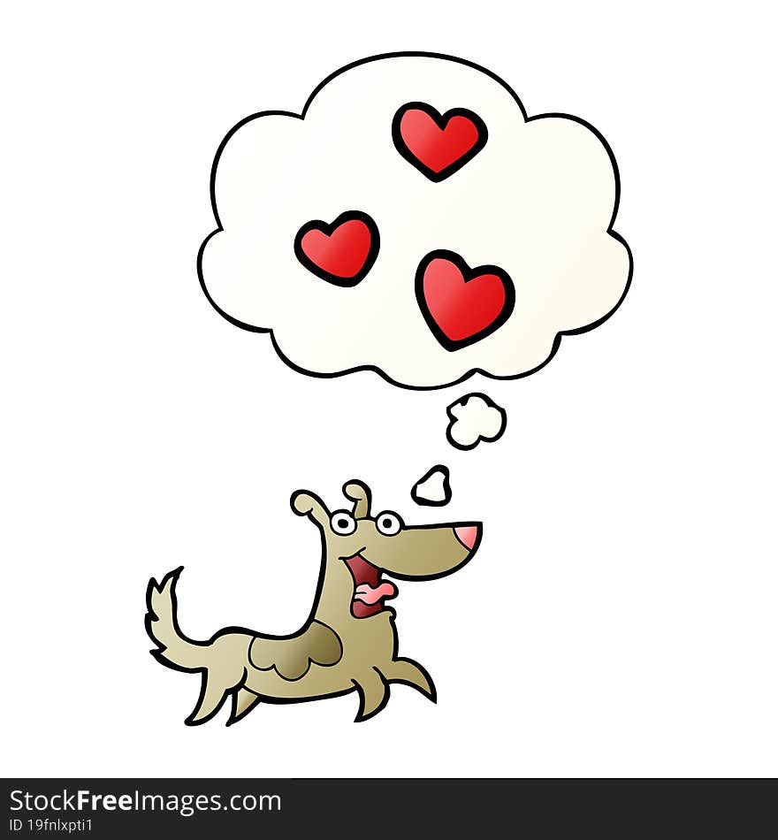 cartoon dog with love hearts and thought bubble in smooth gradient style