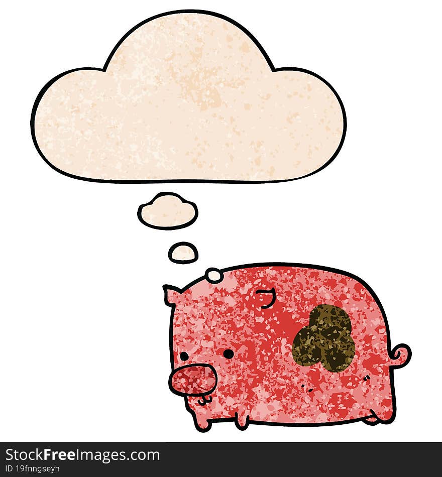 cartoon pig and thought bubble in grunge texture pattern style