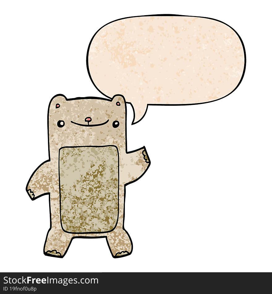 cartoon teddy bear and speech bubble in retro texture style