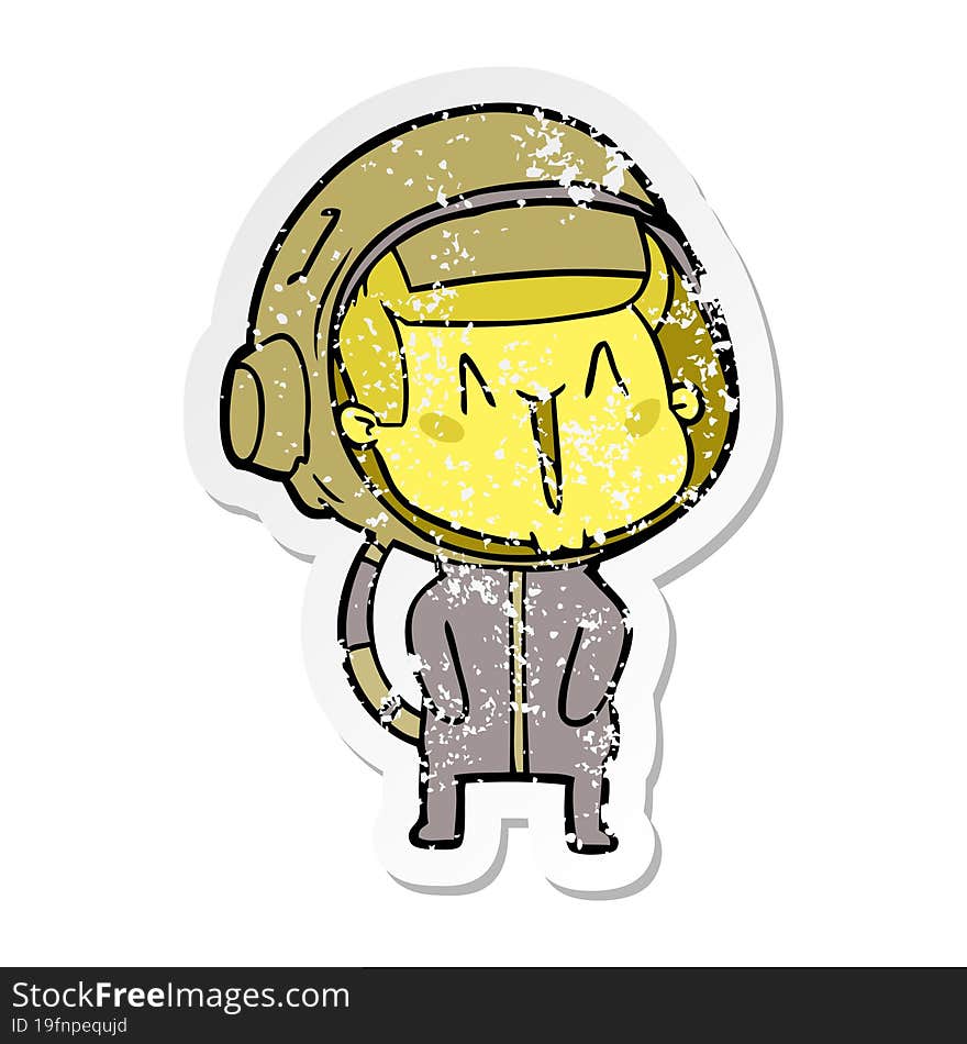 distressed sticker of a happy cartoon astronaut