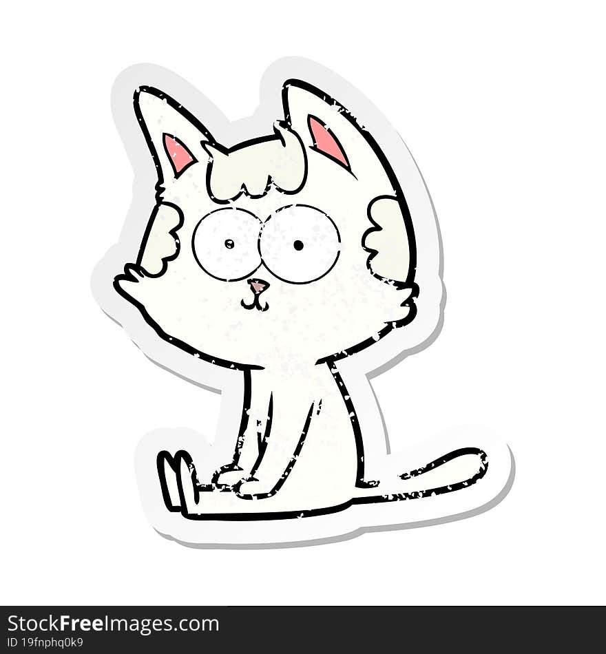 distressed sticker of a happy cartoon cat