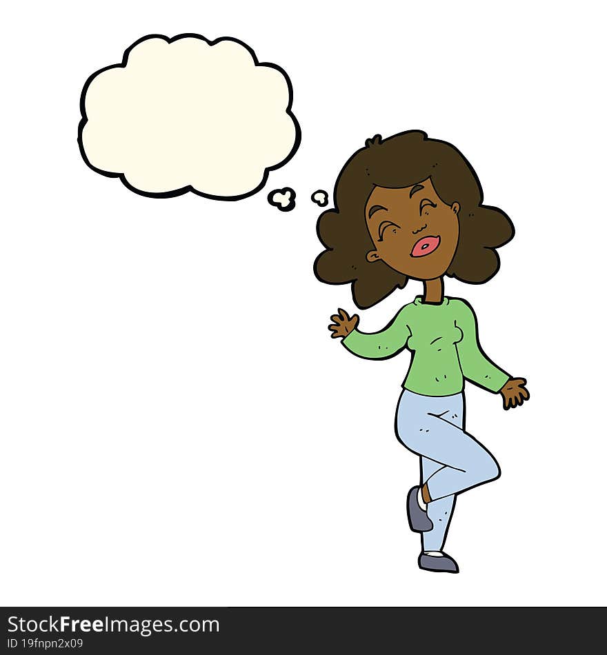 cartoon happy woman dancing with thought bubble