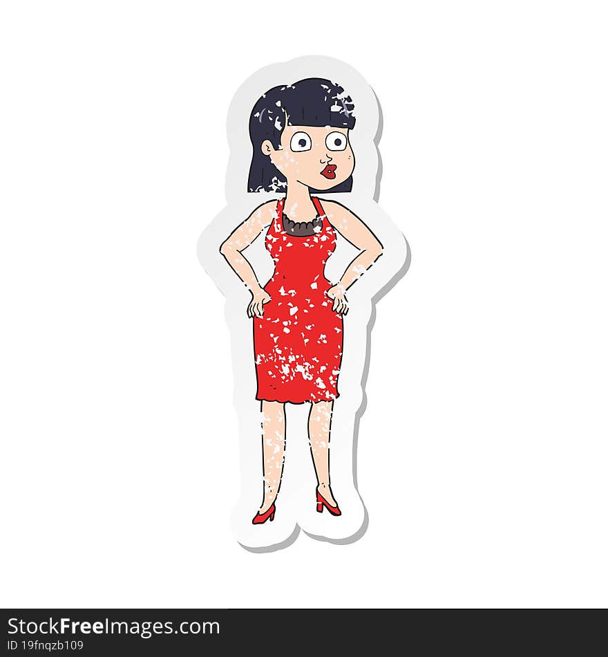 retro distressed sticker of a cartoon woman in dress with hands on hips