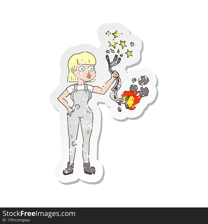 retro distressed sticker of a cartoon female electrician