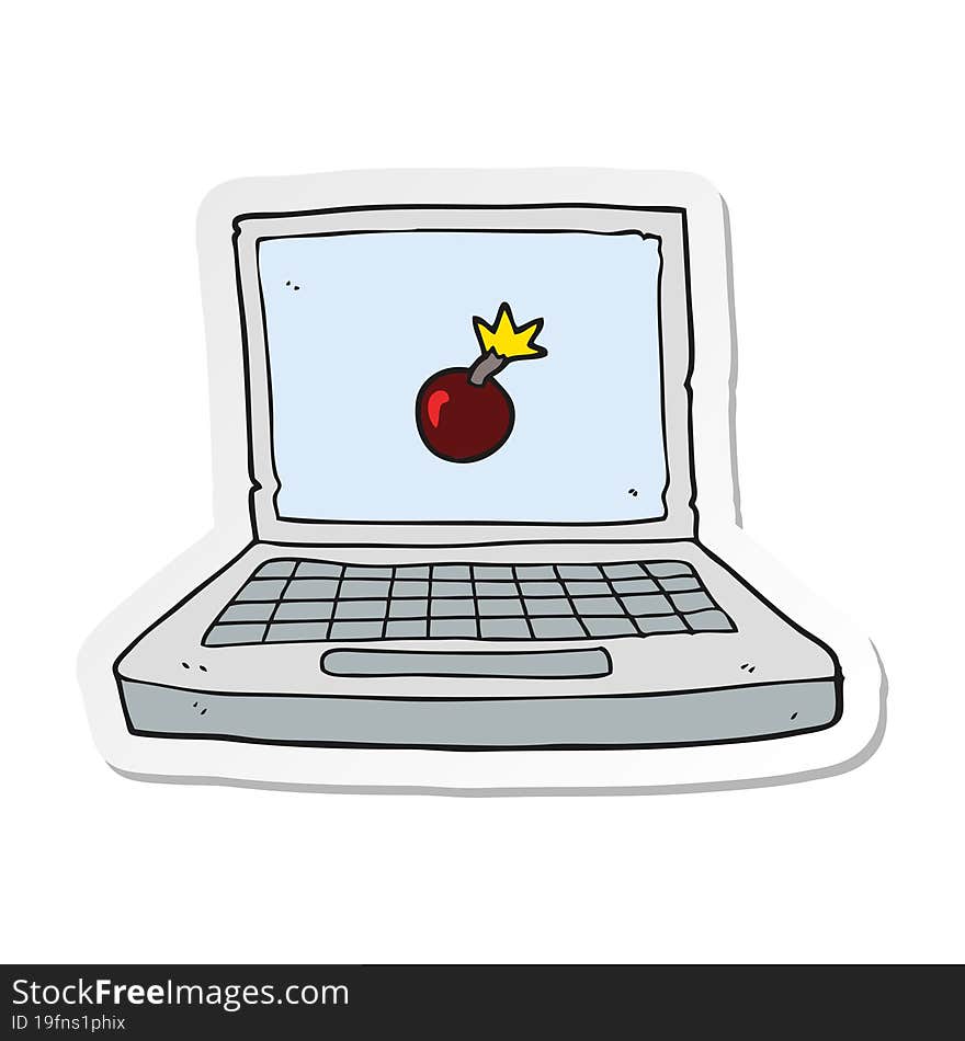 sticker of a cartoon laptop computer with bomb symbol