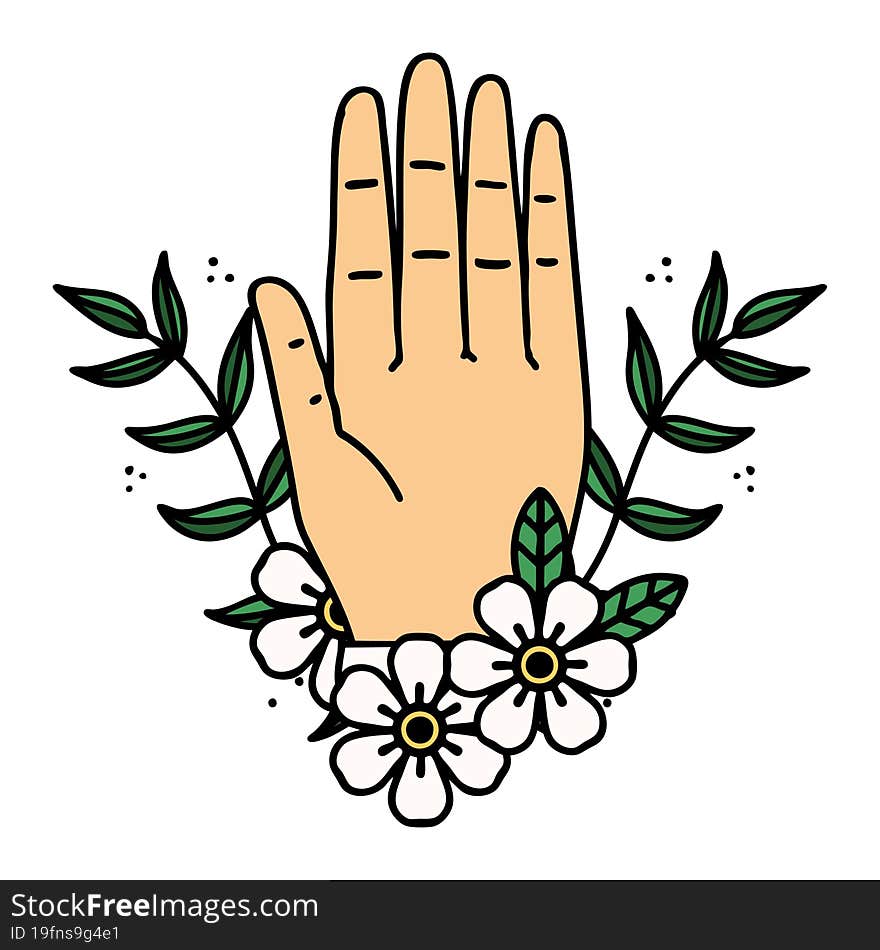 traditional tattoo of a hand and flower