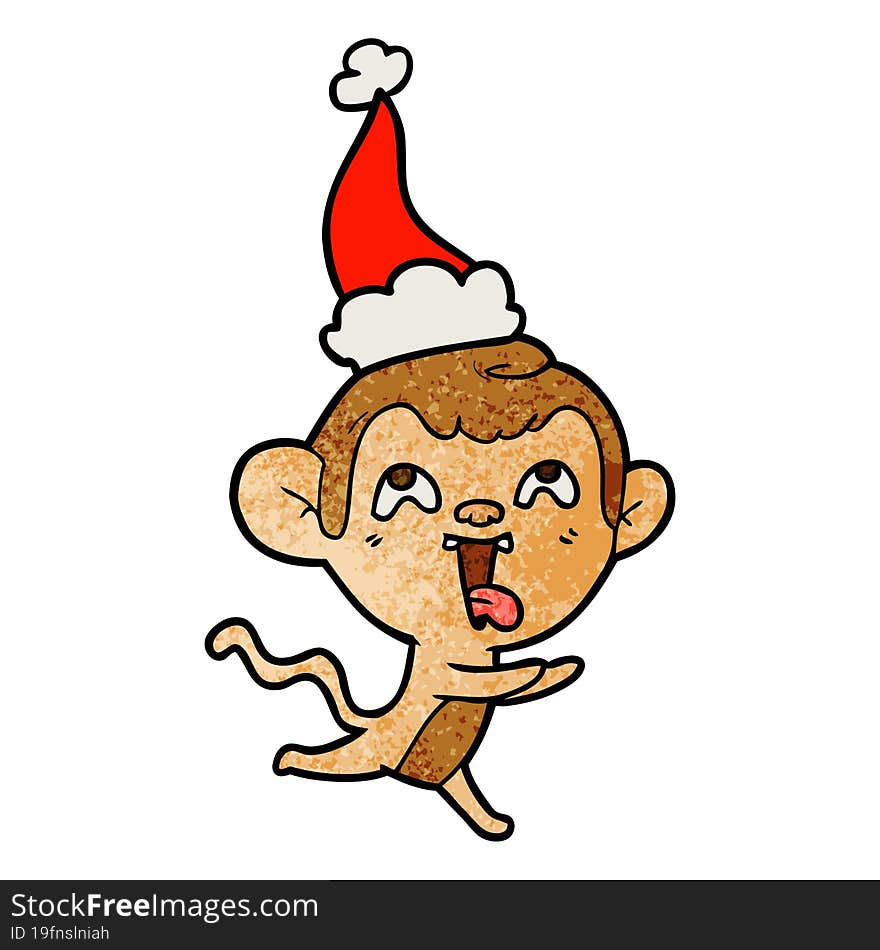 crazy textured cartoon of a monkey running wearing santa hat