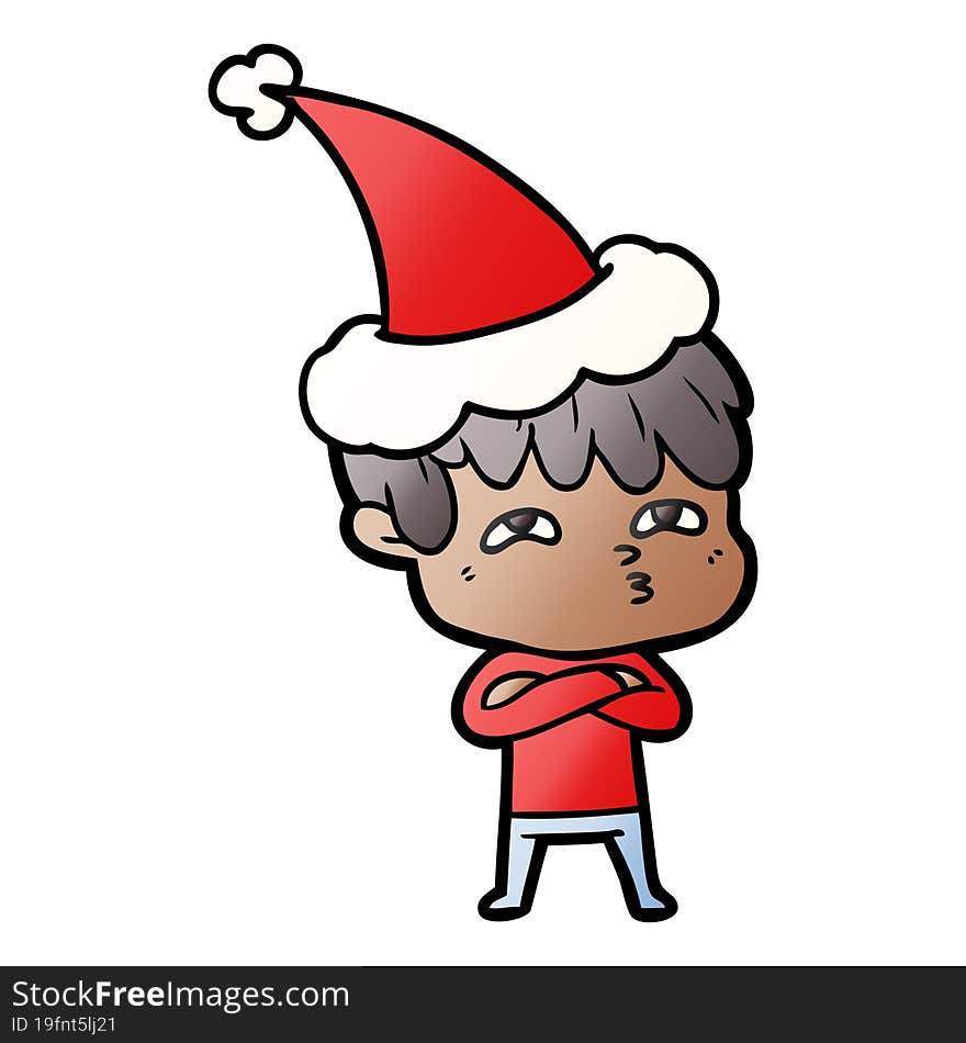 gradient cartoon of a curious man wearing santa hat