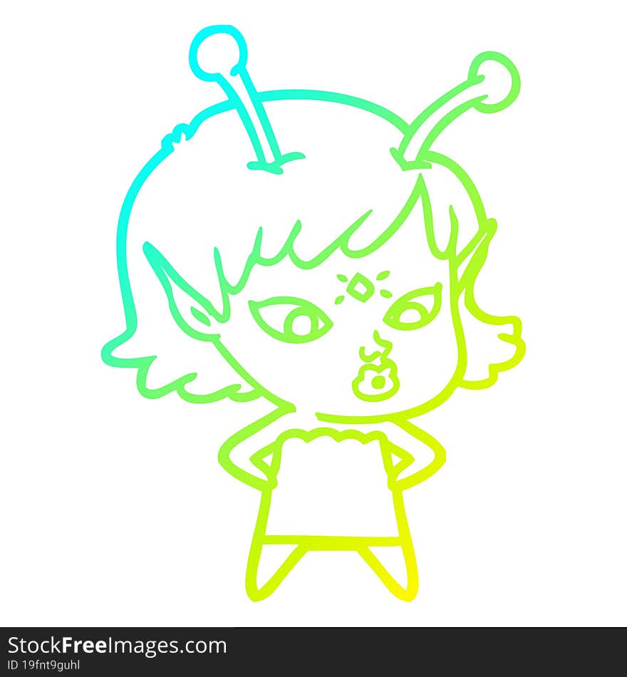 Cold Gradient Line Drawing Pretty Cartoon Alien Girl