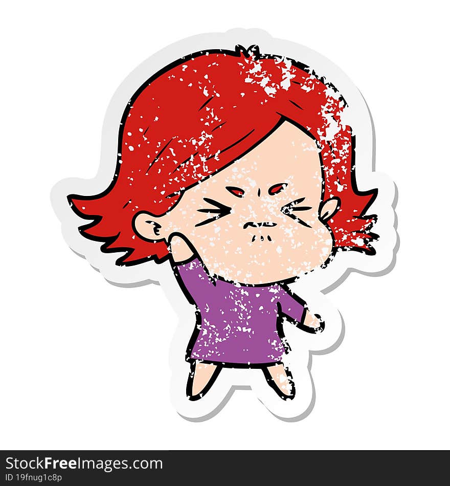 distressed sticker of a cartoon angry girl