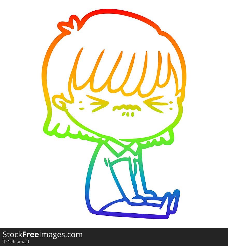 rainbow gradient line drawing annoyed cartoon girl sitting