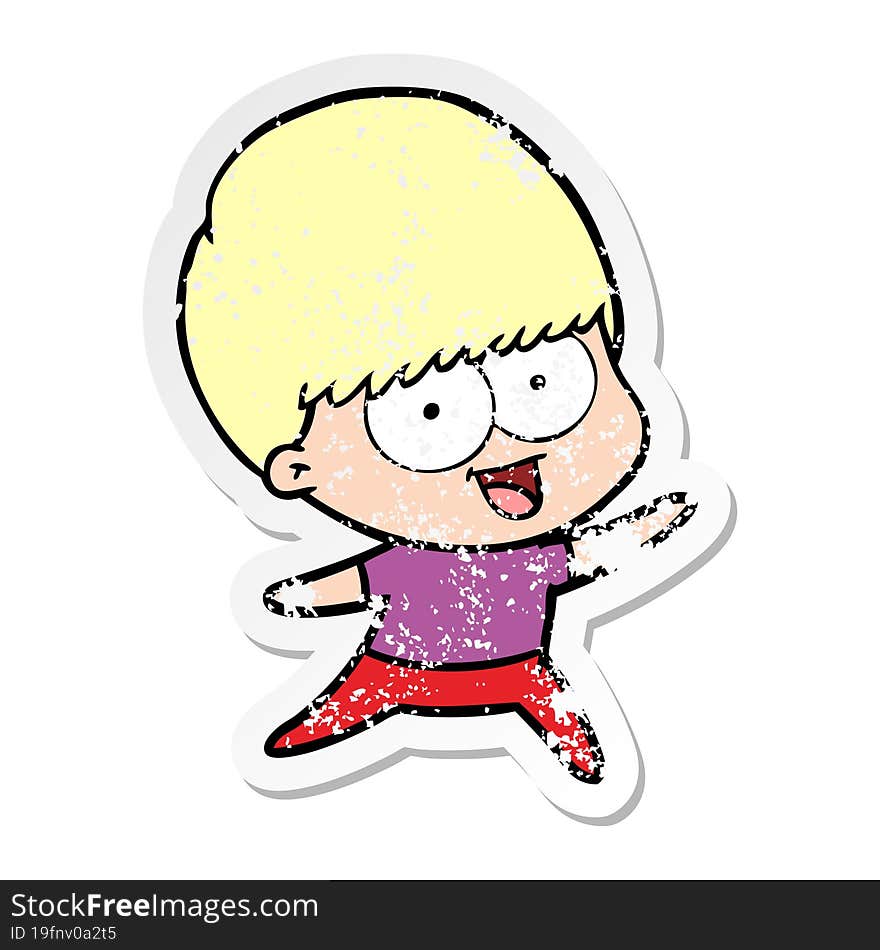 distressed sticker of a happy cartoon boy