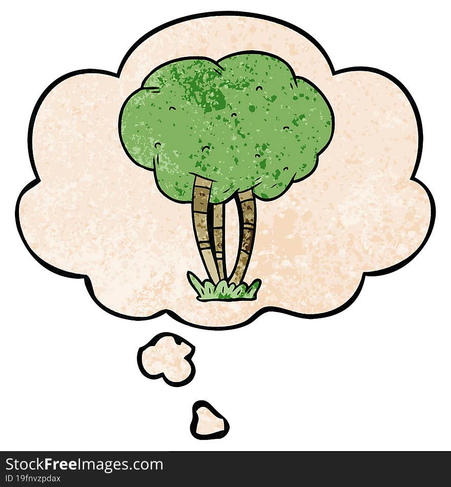 cartoon tree and thought bubble in grunge texture pattern style