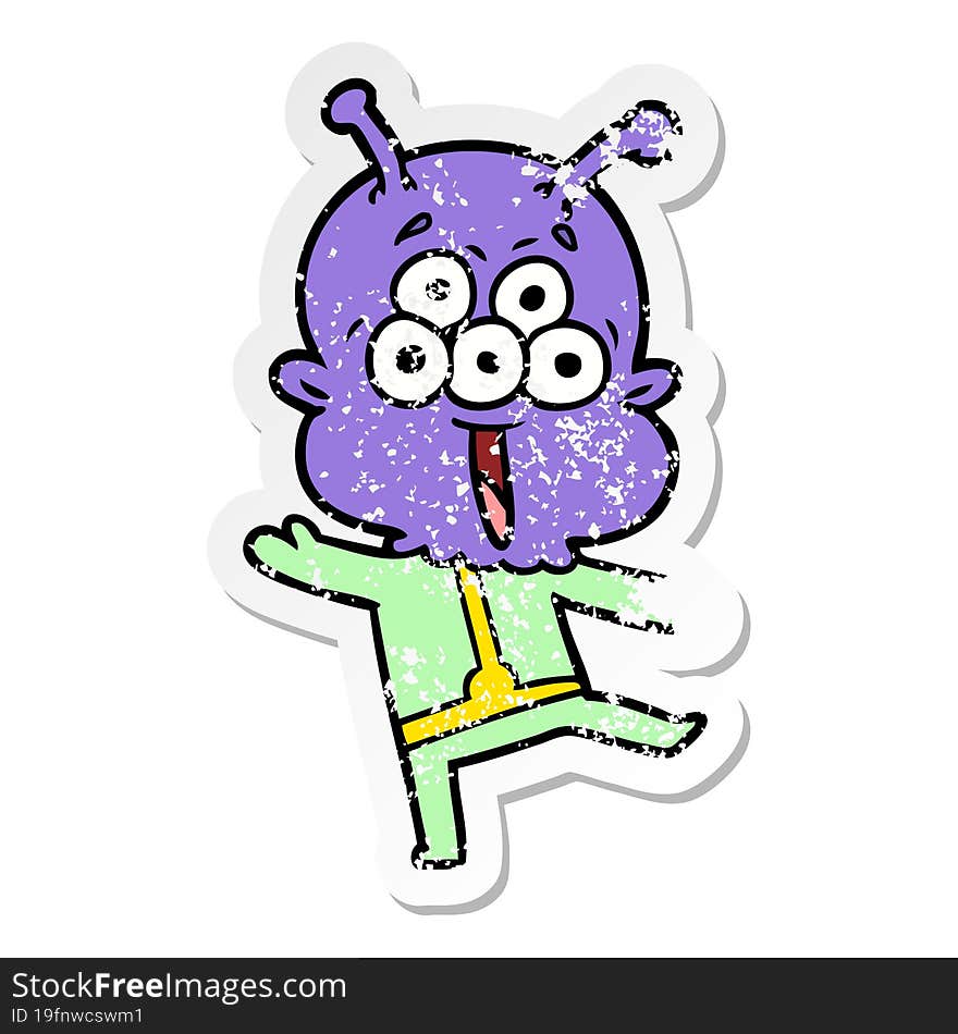 Distressed Sticker Of A Happy Cartoon Alien Dancing