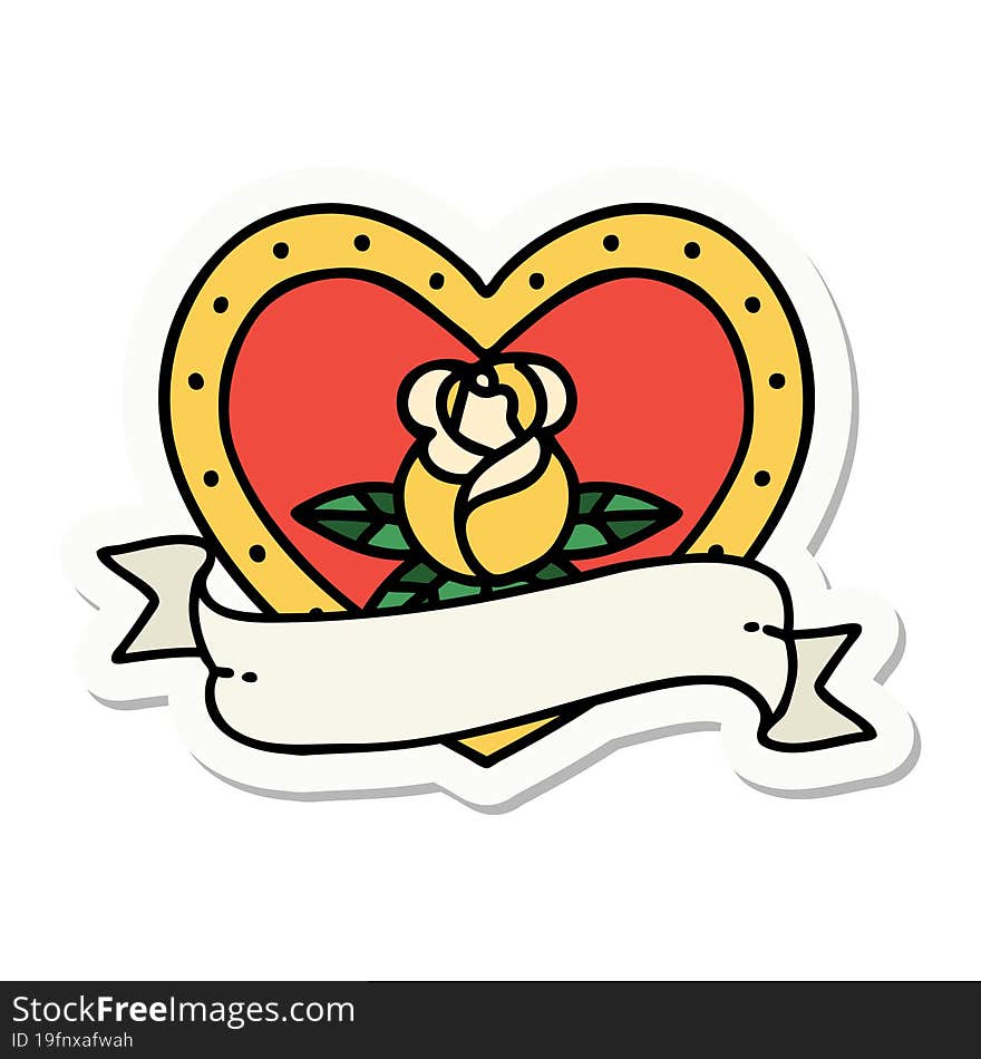 sticker of tattoo in traditional style of a heart rose and banner. sticker of tattoo in traditional style of a heart rose and banner