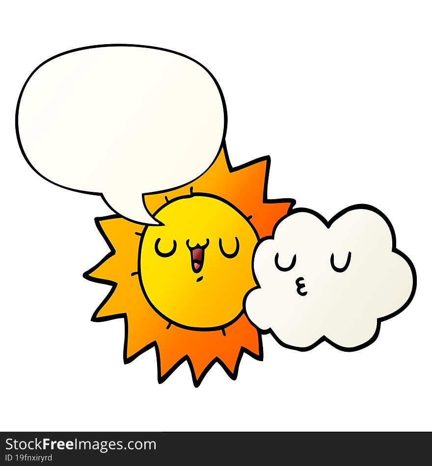 cartoon sun and cloud and speech bubble in smooth gradient style