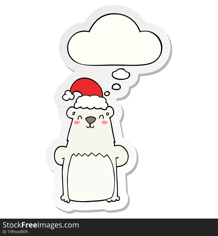 cartoon bear wearing christmas hat and thought bubble as a printed sticker