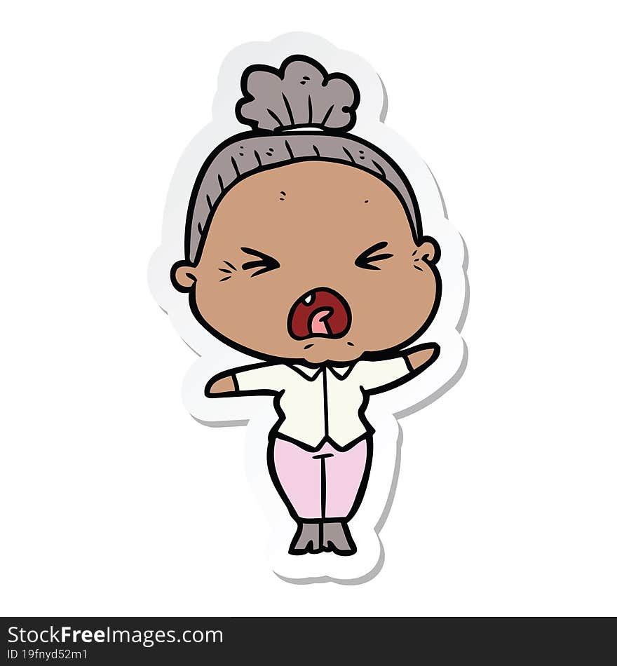 sticker of a cartoon angry old woman