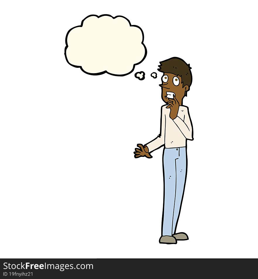 cartoon worried man with thought bubble